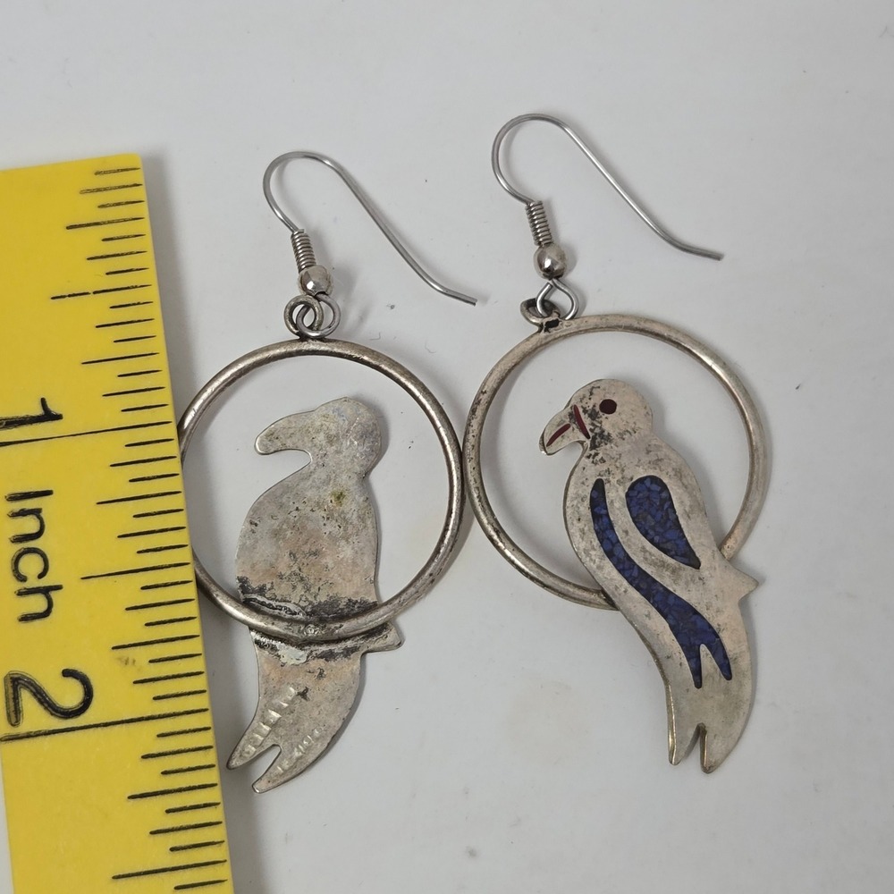 Vintage Alpaca Silver Bird Hoop Earrings Blue Inlay Boho Dangle Drop Fishhook - Picture 4 of 4